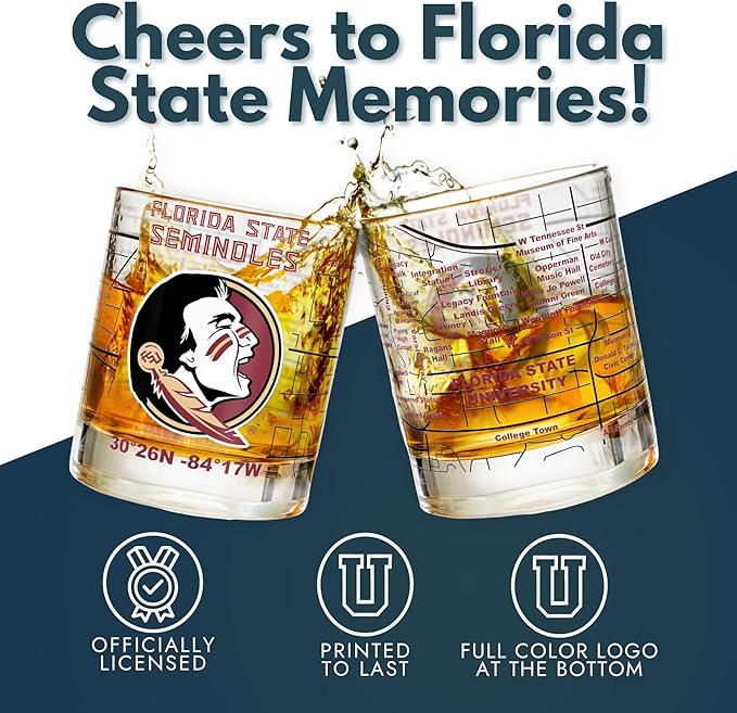 Greenline Goods – Florida State University Seminoles College Whiskey Glasses (Set of 2), 10 oz – Full-Color Logo + Campus Map