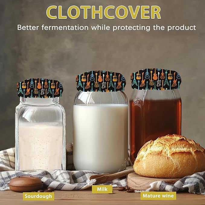 Colorful Guitar Sourdough Jar Cover Reusable Cloth Lid for Sour Dough Starter Jar,5 Pack Bread Fermentation Container Tops Elastic Fabric Caps