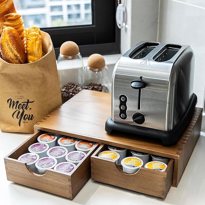 Wooden coffee capsule storage box, coffee machine stand base, kitchen tea set storage, tea set organizer K Pod Dual case Drawer