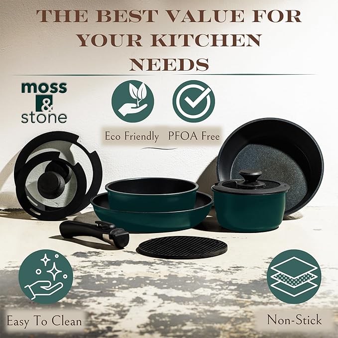 Moss & Stone Aluminum Pots And Pans Set Nonstick, Removable Handle Cookware, Stackable , Dishwasher Safe, Induction Camping Cookware Set. (10 Pieces Blue)