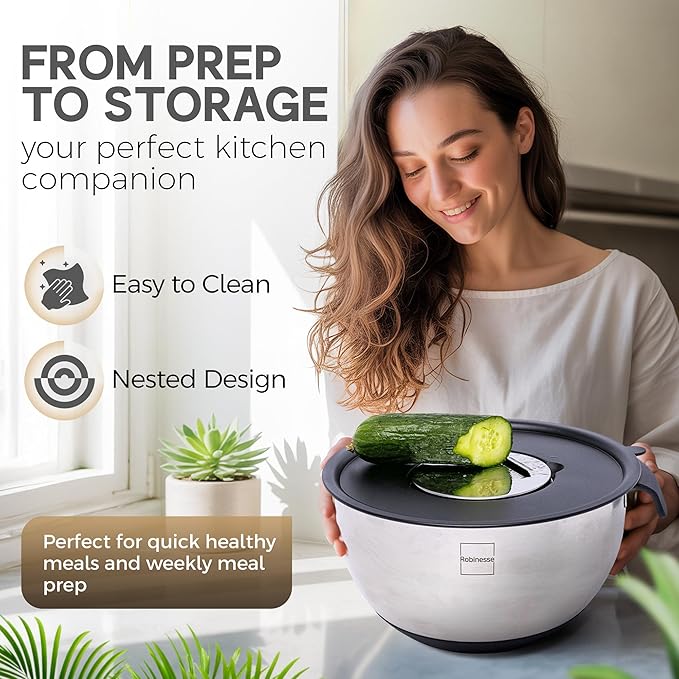 Stainless Steel Mixing Bowls Set of 3, Large Nesting Bowls with Airtight Lids for Food Prep, Cooking, Baking, Salad, and Outdoor Dining (Black, 3 Pcs)