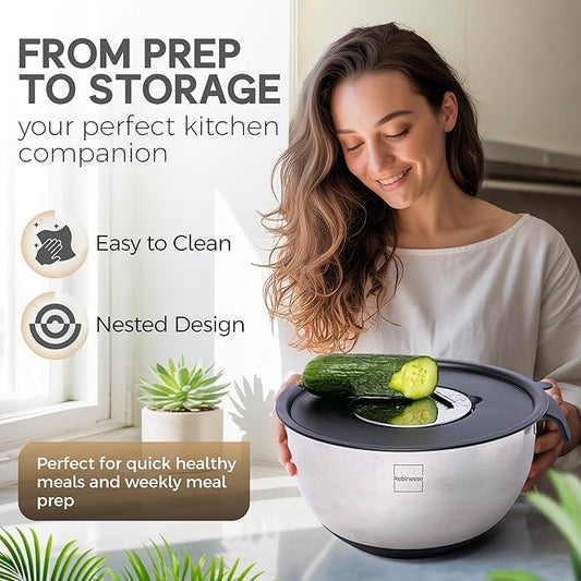 Stainless Steel Mixing Bowls Set of 3, Large Nesting Bowls with Airtight Lids for Food Prep, Cooking, Baking, Salad, and Outdoor Dining (Black, 3 Pcs)