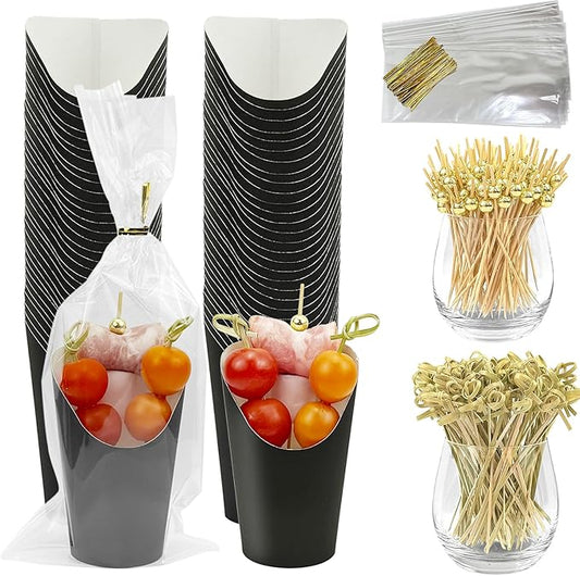 CAMKYDE 50 Sets Disposable Charcuterie Cups with Sticks and Bags, 12 oz Black Paper Snack Appetizers Cup French Fry Holder with Cocktail Picks Toothpicks (50 Cups+50 Bags+200 Sticks)