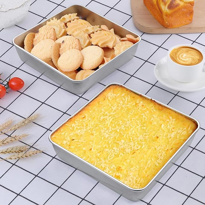 LIANYU 8 Inch Square Baking Cake Pan Set of 4, Stainless Steel Lasagna Brownie Bread Pan, Perfect for Birthday Party Wedding, Leakproof, Oven & Dishwasher Safe