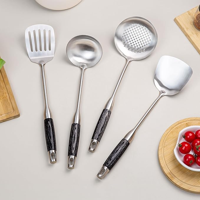 FJNATINH Wok Spatula Set Large Spatula Slotted Turner Soup Ladle Slotted Spoon for Cooking Utensils Set Long Wooden Handle Ladles Kitchen Metal Spatula Cooking Spoons,4PCS