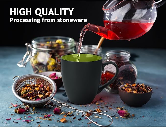 MIAMIO - Set of 6 Stoneware Coffee Mugs 12 Ounce/Cup Set - Le Papillon Collection (Black-Green)