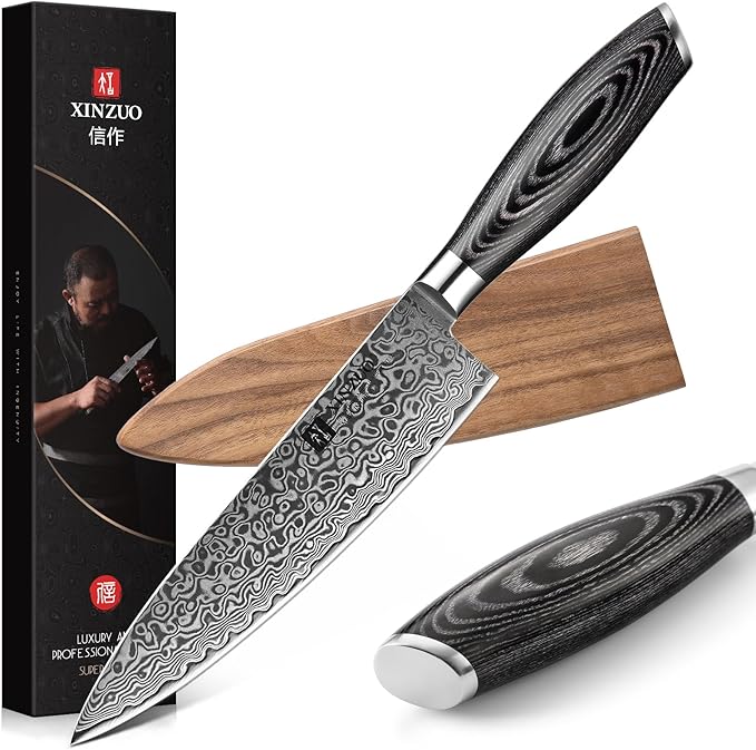 XINZUO Damascus Gyuto Chef Knife with Sheath 8 Inch,Sharp Kitchen Knife Professional,Pakkawood Handle, Chef Gift Box