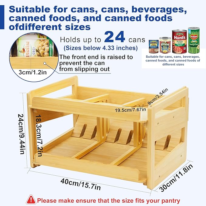 MinBoo Adjustable Can Organizer Rack, Two Tier Bamboo Stackable FIFO Cans Dispenser, Modern Style, Countertop, Assembly Required, Anti Shedding