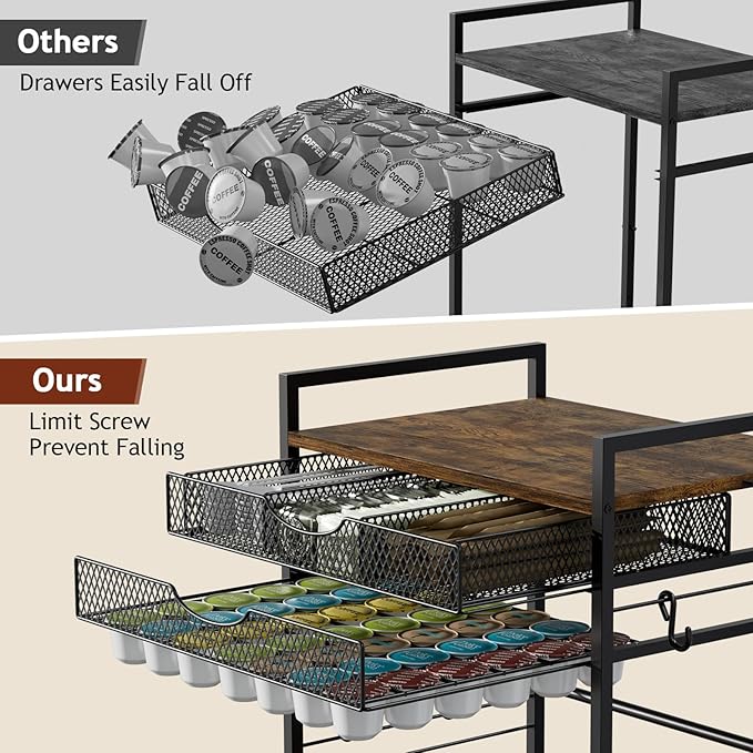 Coffee Bar Station with Storage Drawer - 5 Tier Coffee Table Countertop Organizer for K Cups, Tea Bags, Sugar Storage and Kitchen Cabinets (Brown)