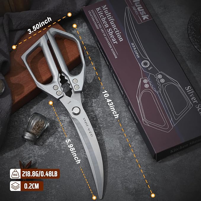 HUUSK Kitchen Scissors Silver - Stainless Steel Kitchen Shears for Food, Japanese Cooking Scissor, Sharp Meat Scissors Dishwasher Safe, Heavy Duty Poultry Shears for Chicken Bones, and Turkey