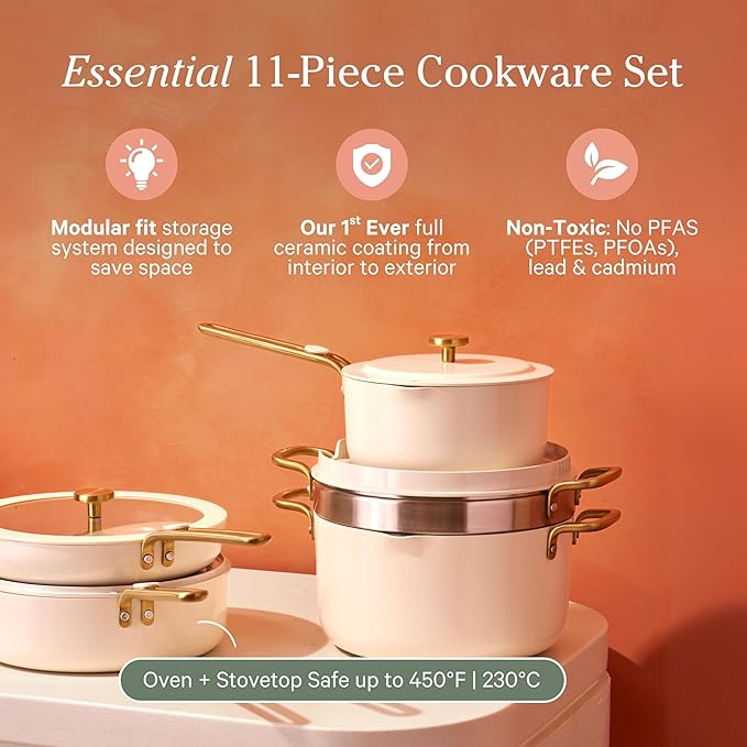 Our Place Essential Cookware Set – 11-Piece Ceramic Nonstick Set with 10" Frypan, Saucepan, Saute Pan, Stock Pot, Storage Racks and Strainer with Thermakind™ | Oven Safe up to 450°F | Cream