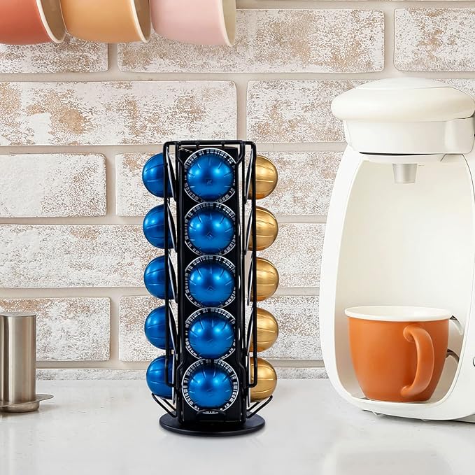 MyGift Black Metal Coffee Pod Capsule Holder Stand Rotating Carousel, Compatible with Vertuoline Pod, Coffee Bar Organizer Rack - Holds 20 Capsules