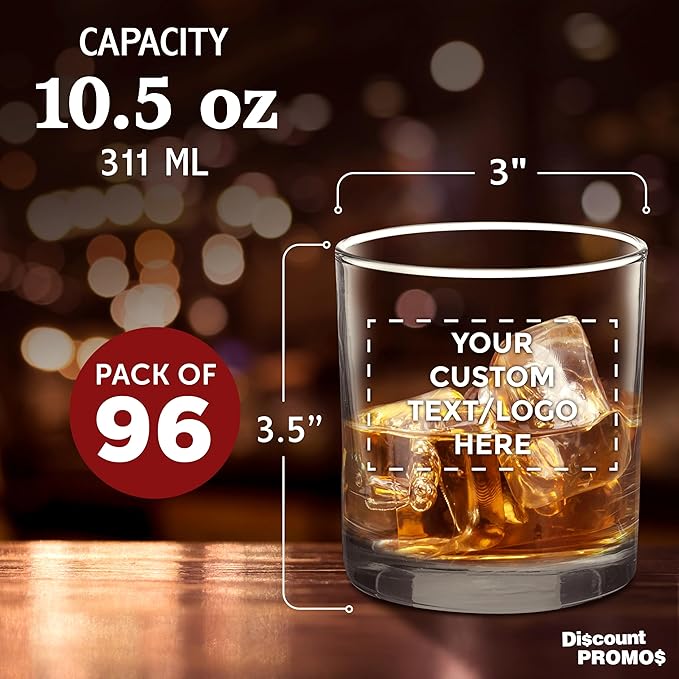 Custom Lexington Rocks Whiskey Glass 10.5 oz, Set of 96, Personalized Bulk Pack - Perfect for Scotch, Bourbon, Whiskey, Cocktail - Clear