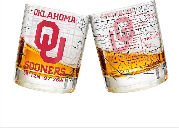 Greenline Goods – University of Oklahoma Sooners College Whiskey Glasses (Set of 2), 10 oz – Full-Color Logo + Campus Map