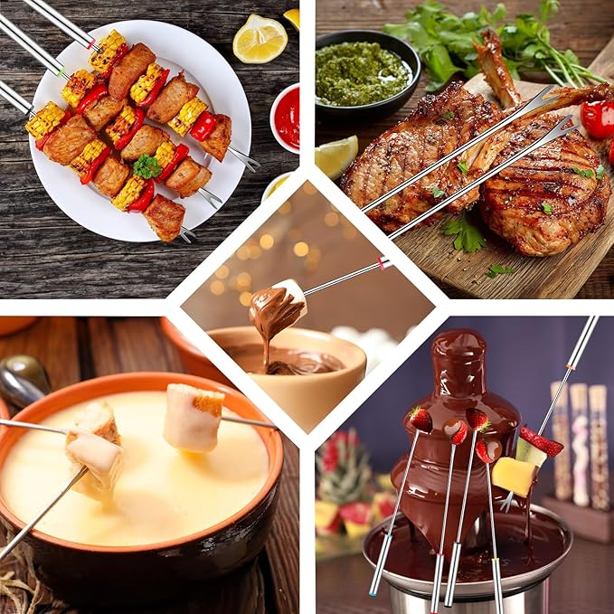 24 PCS Fondue Forks Stainless Steel,12 Wood Handles and 12 Stainless Steel Handles,9.3"Color Coding Cheese Fondue Fork,Heat Resistant Fondue Sticks for Chocolate Fountain Marshmallows,6 Color