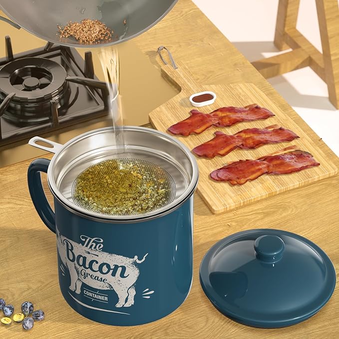 Bacon Grease Container With Strainer, 46OZ Large Enamel Grease Container, With Silicone Spatula, Farmhouse Bacon Grease Keeper, Cooking Oil Container For Kitchen Fat Storage, Dishwasher Safe-Blue