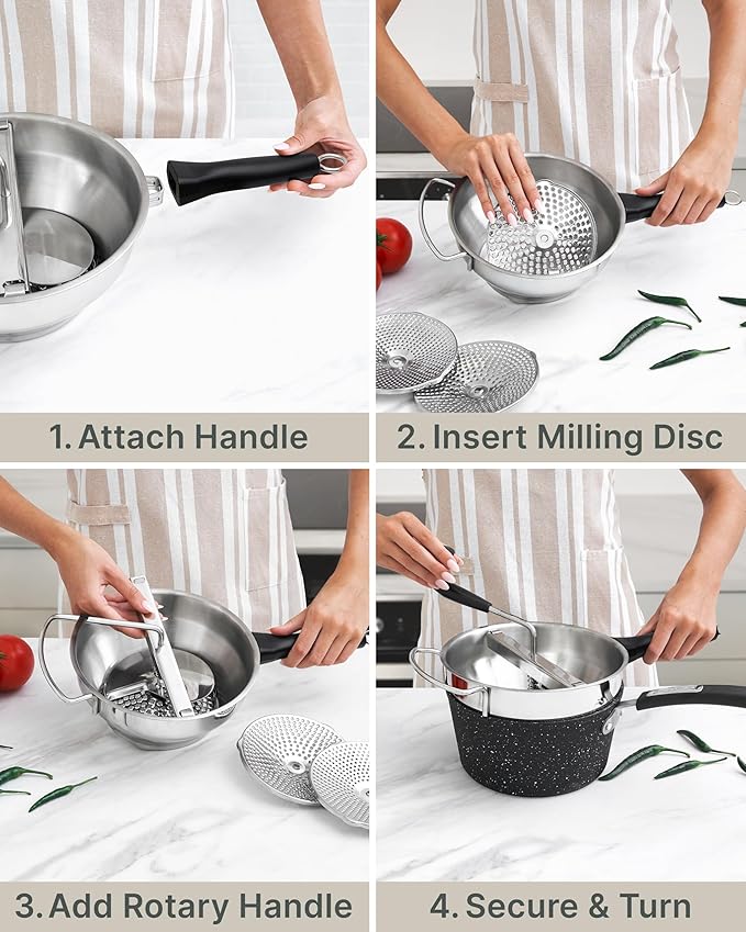 Stainless Steel Food Mill with Detachable Handles – Hand Crank Grinder for Baby Food, Tomato Sauce & Mashed Potatoes – Includes 3 Discs – Easy to Use & Clean – Great for Home Chefs, Parents & Canning