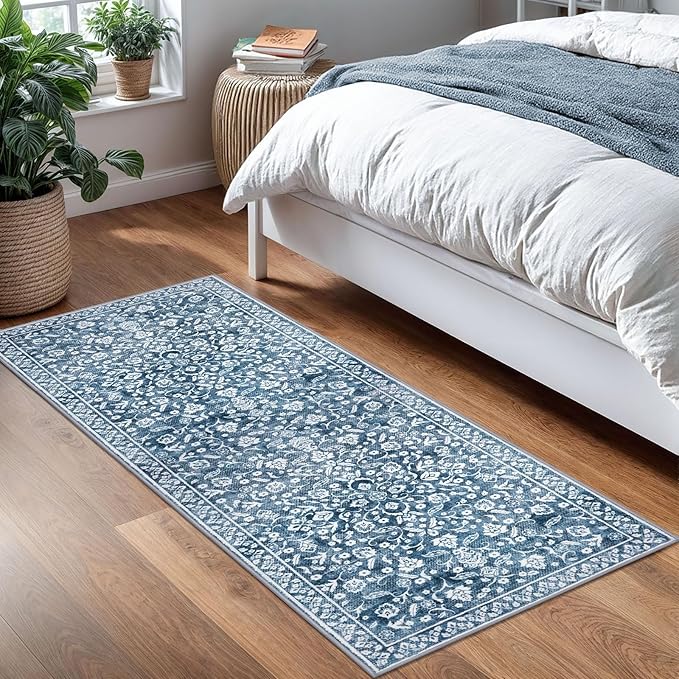 Vintage Washable 2x5 Rug, Blue and White Hallway Runner, Super Soft Non-Slip Kitchen Runner, Print Faux Wool Floral Thin Carpet for Entryway & Bedside
