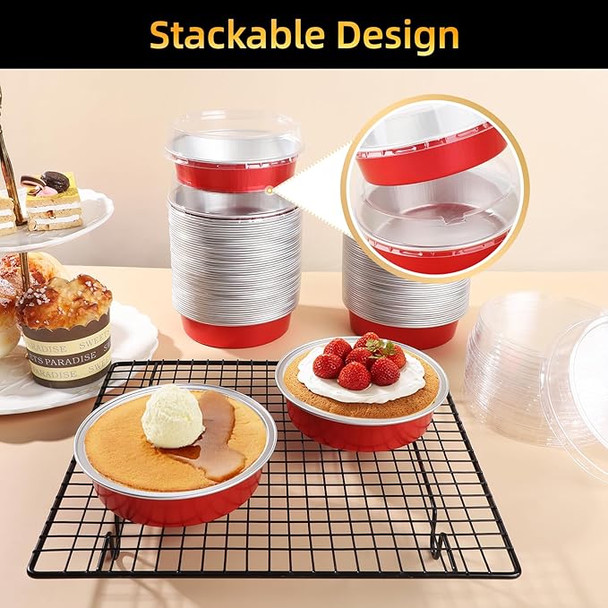 Beasea 4 Inch Disposable Tart Pans with Lids, 120 Pack 8oz Mini Pie Tins Creme Brulee Ramekins Bright Red Aluminum Foil Pie Tart Cake Baking Pans Individual Round Containers Oven Safe for Baking