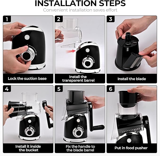 SUSTEAS Rotary Cheese Grater with Handle,Vegetable Slicer with 6 Interchangeable Blades, Reinforced Suction,Easy to Clean,Kitchen Shredder for Crushed Ice,Fruits and Nuts with Blade Storage Case,Black