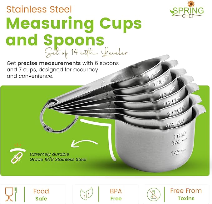 Spring Chef Stainless Steel Measuring Cups and Spoons Set of 14 with Leveler, Nesting Kitchen Metal Measuring Cups and Spoons Set for Dry and Liquid Ingredients, Perfect for Cooking & Baking