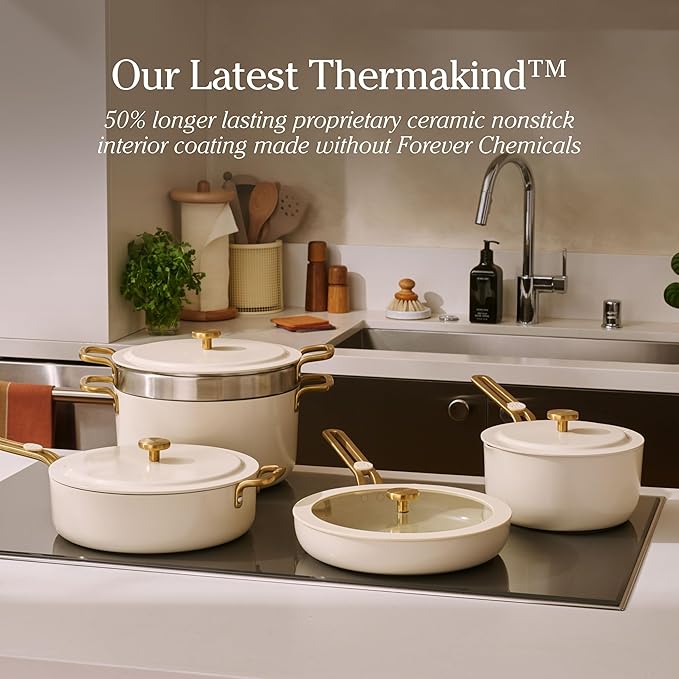 Our Place Essential Cookware Set – 11-Piece Ceramic Nonstick Set with 10" Frypan, Saucepan, Saute Pan, Stock Pot, Storage Racks and Strainer with Thermakind™ | Oven Safe up to 450°F | Cream