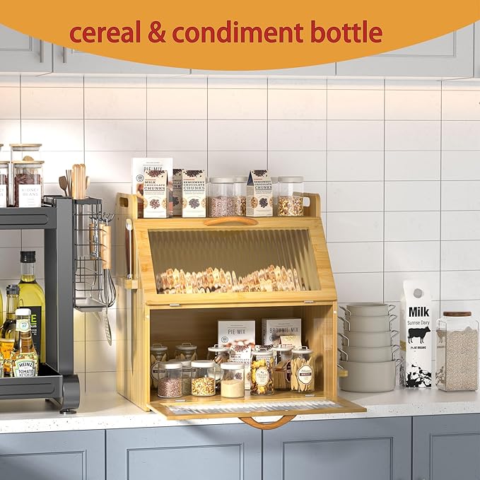 Bread Box for Kitchen Countertop, Large Bread Storage Container for Homemade Bread, Wooden Farmhouse Breadbox Organizers, Double Layer Bread Bin with Acrylic Window Bread Holder, Brown