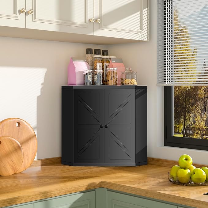 Corner Bread Box for Kitchen Countertop,Storage Container for Homemade Bread, Double Layer BreadBox, Large Capacity Bread Storage Bin, Vintage Farmhouse Breadbox Organizer,Black