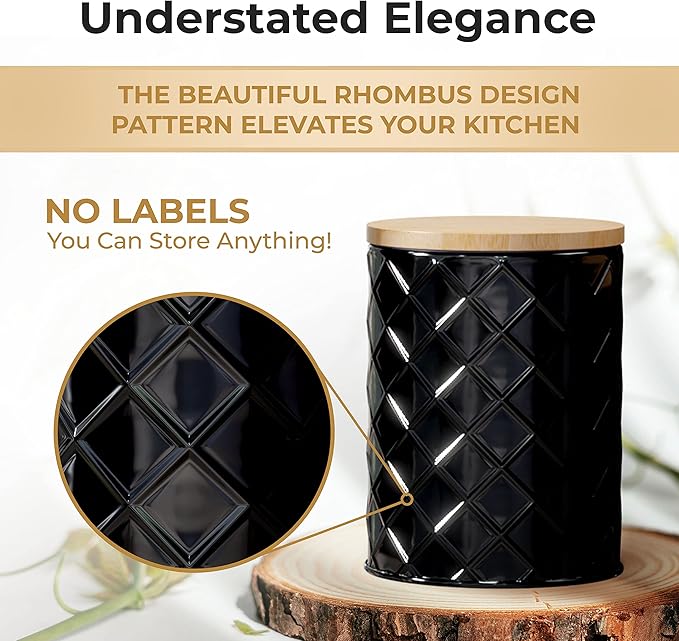 Pebble & Stem® Black Metal Canister Set for the Kitchen Counter, Food Canister Set of 4, Airtight Lids, Sugar and Flour Containers for Countertops, Coffee and Tea Storage, Farmhouse Decor