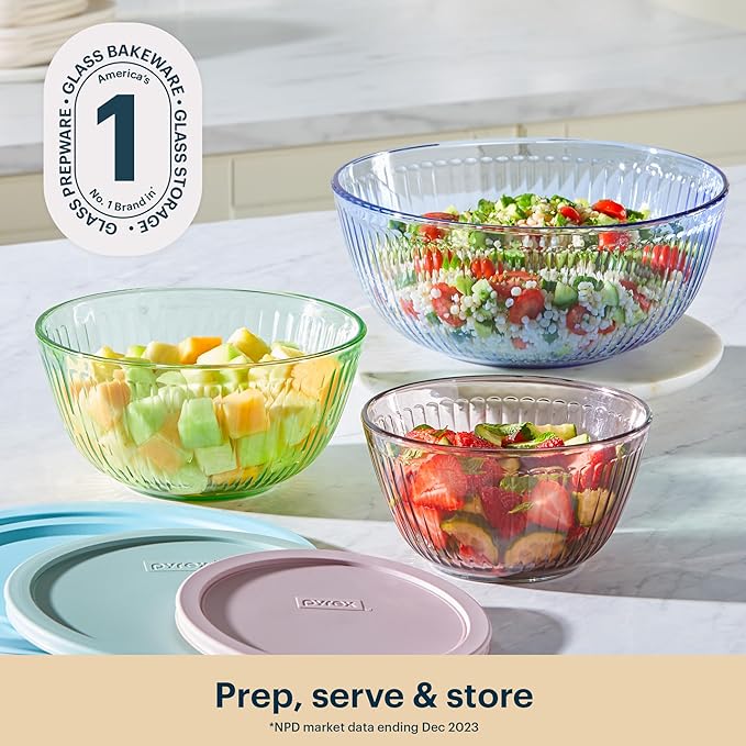 Pyrex Colors Tinted (3-Pack, Full Set) Sculpted Tinted Glass Mixing Bowls With Lids, Nesting Space Saving Set of Bowls For Prepping and Baking, 1.3QT, 2.3QT & 4.5Q, Blue