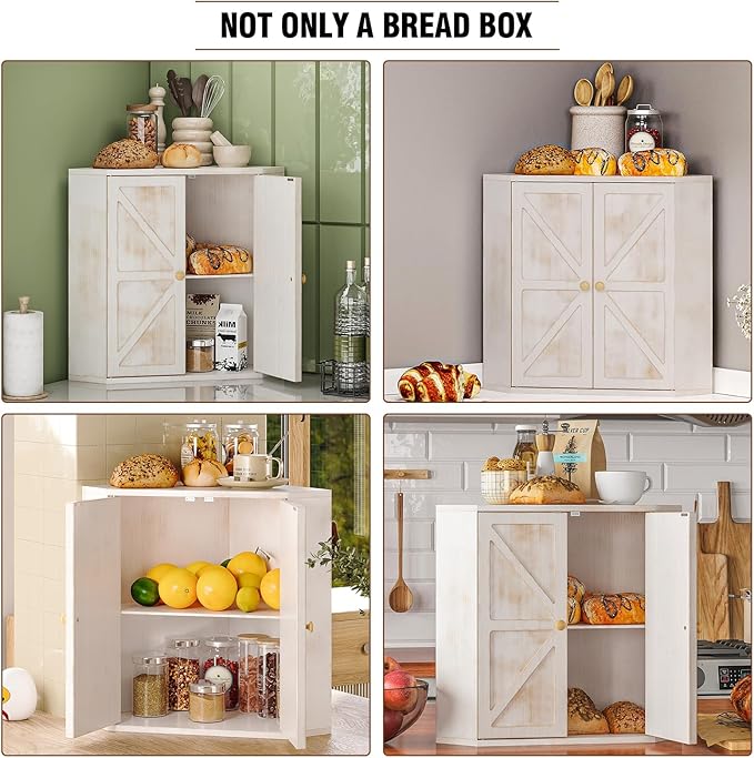 Corner Bread Box for Kitchen Counter Double Layer Bamboo Bread Storage Container Large Capacity Bread Storage Bin Farmhouse Breadbox Organizer