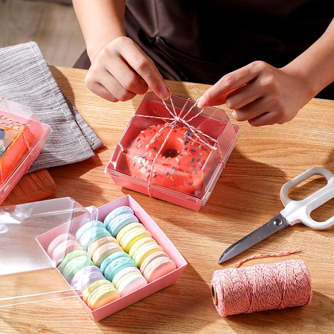 Ctosree 100 Pcs Paper Charcuterie Boxes with Clear Lids 4.5 Inches Disposable Cake Square Dessert Container Bakery Boxes Bundle with Rope for Food Cake Slice Cookie Sandwich Dessert(Pink)