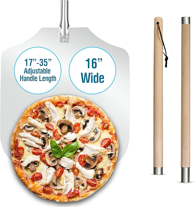 Pizza Peel 16 inch,16" Wx 18" L, Extra Large Metal Pizza Peel 16 inch, Aluminum pizza peel with Detachable Wooden Handle, 2 Handle Sizes (17 inch & 35 inch)