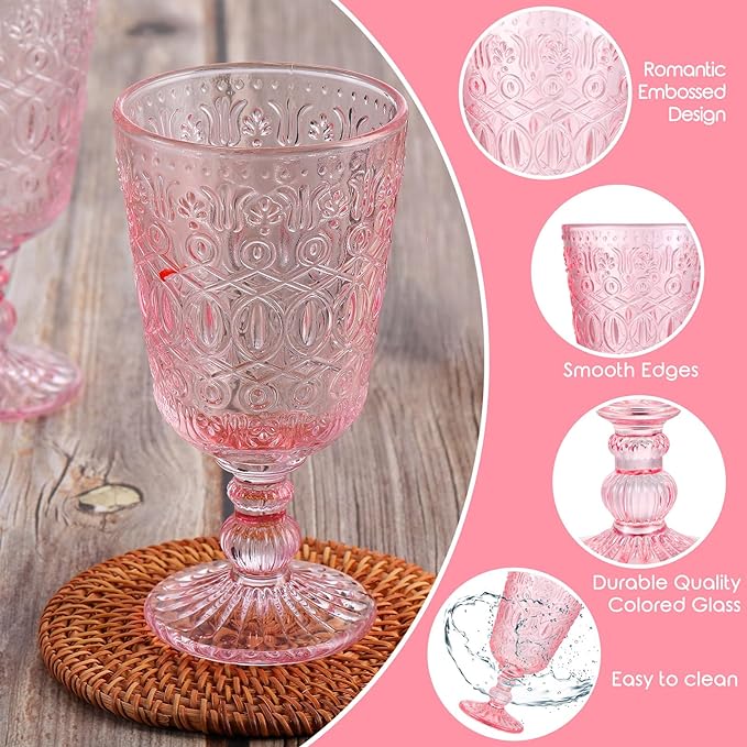 Eaasty Wine Glasses Set of 12 Vintage Goblet 9 oz Vintage Colored Glass Goblet Beverage Stemmed Glass Cups Romantic Embossed Glassware for Wedding Party Holidays Anniversary (Pink)