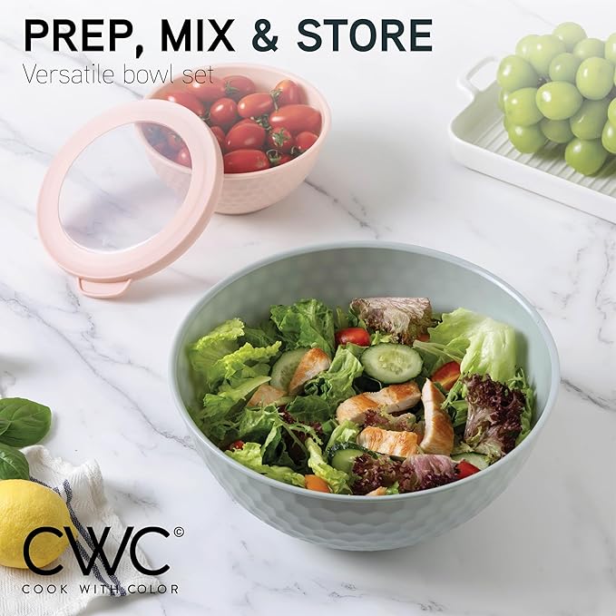 COOK WITH COLOR Mixing Bowls with Lids - 12 Piece Plastic Nesting Bowls Set includes 6 Prep Bowls and 6 Lids, Non Slip Bottom and Embossed Design - Microwave Safe (Teal)