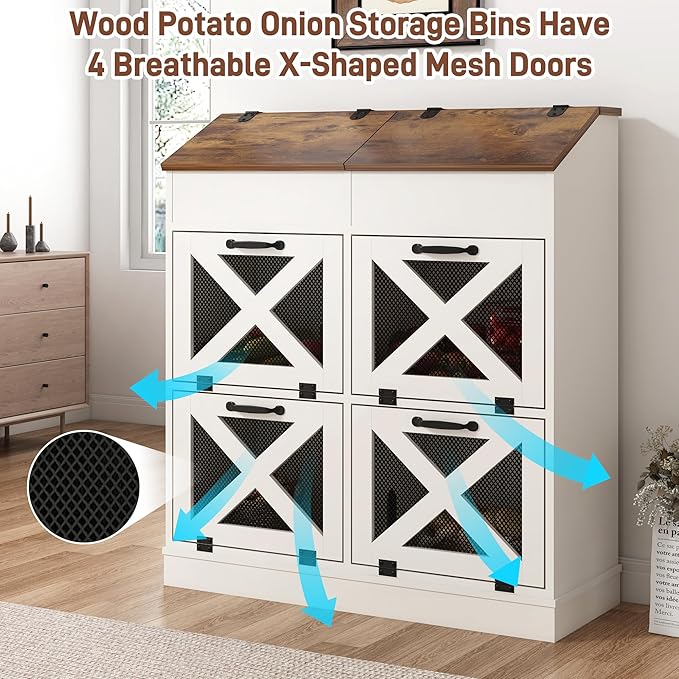 Large Wood Veggie Bin for Potato,Bread,Onion With 6 Large Storage Space. Root Vegetable Storage Box For Kitchen, Farmhouse Wood Potato Box With 4 Mesh Doors,32 * 12.4 * 36 INCH(White)