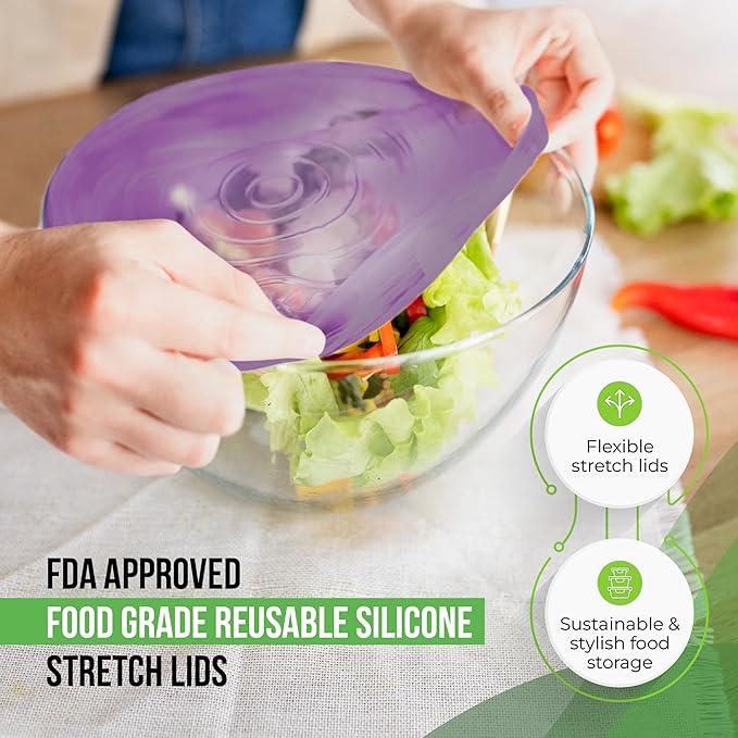 Reusable Silicone Stretch Lids for Food Storage in Fridge - Elastic Heat-Resistant Bowl Covers, Cups, Cans, Jars - Universal Food Grade Lid - Dishwasher Safe -7 Pack-Lavender Bloom Stretchy Lid Set