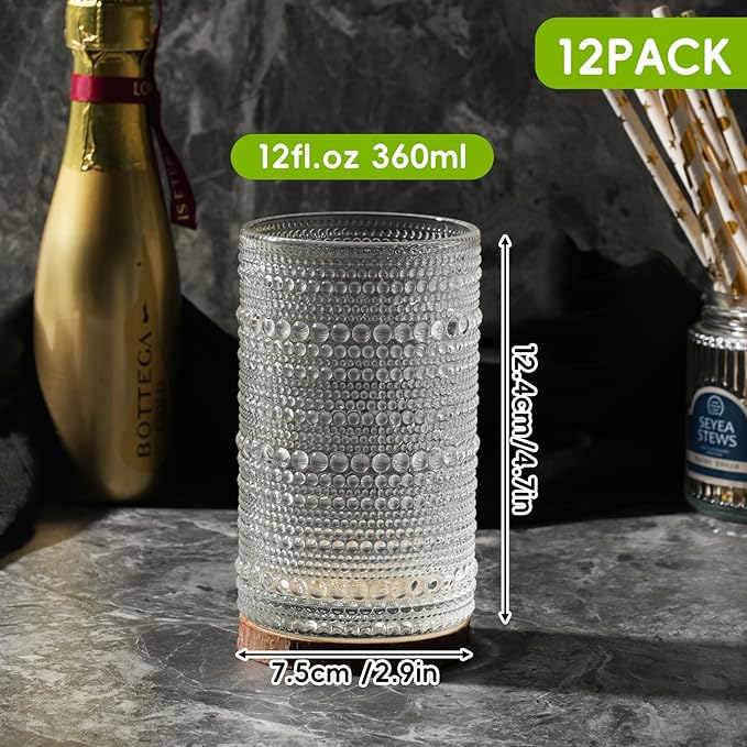 Moretoes Hobnail Drinking Glasses Set of 12,12 Oz Highball Glasses Clear Embossed Boho Water Glass Cups Kitchen Bar Tumbler Glassware Set for Whiskey, Beer, Juice, Milk and Various Mixed Drinks