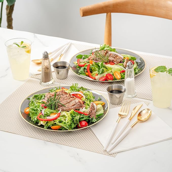 Restaurantware Plastic Plates 20 Pcs 10" Gold Rimmed Disposable Plates Heavy-Duty Black Translucent Rippled Plastic Dinner Servers for Party, Weddings, Salads, Desserts, and Appetizers