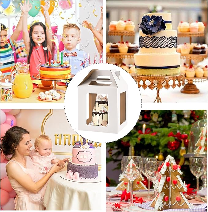 Tall Cake Boxes 6 Windows with handle, In 3 Size 10x10x10&12x12x12&14x14x14inch Cake Boxes,Square Cake Carrier,largeTake Out Transport Containers(3Pcs-White)