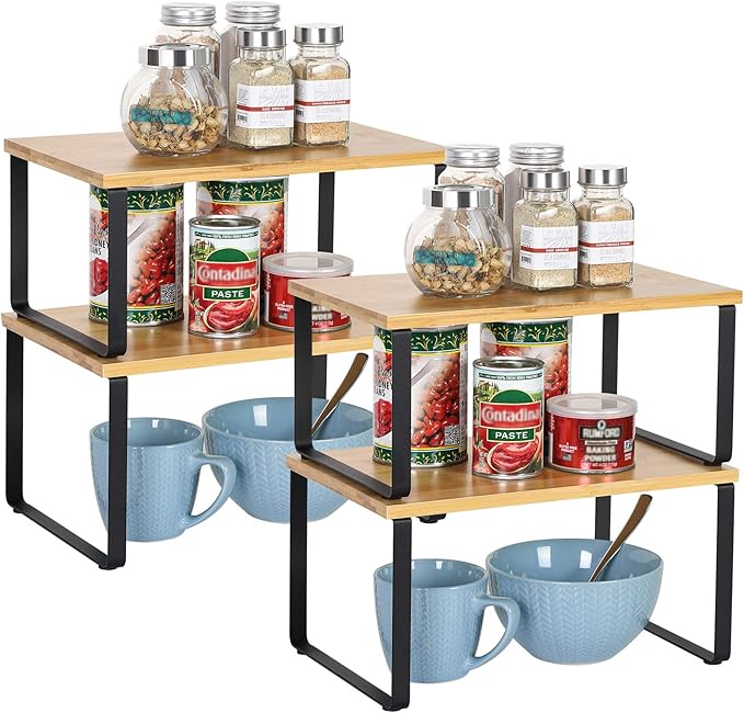 NEX Kitchen Cabinet and Counter Shelf Organizer, Stackable & Expandable, Set of 4, Black and Natural