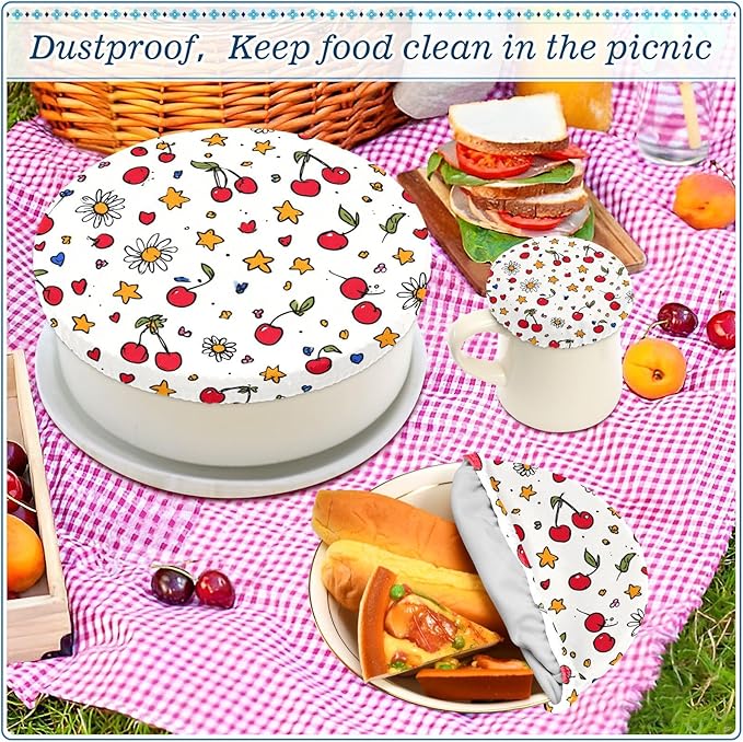 5 Pcs Bowl Covers Reusable in 5 Size Elastic Food Cover Cloth Lids Fresh Keeping Dish Cookware Bakeware Fabric Covers Lids for Food Leftovers Fruits Storage Cherry Stars Flower