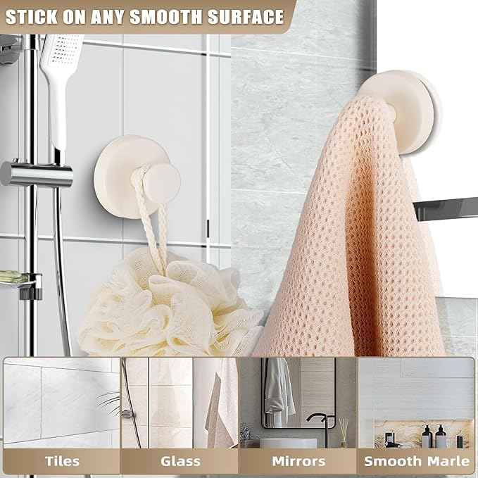 Suction Cup Hooks for Shower No-Drill Bathroom Hooks for Towels, Robes, Loofah Mountable on Bathroom Walls, Kitchen, Glass, Mirrors, Tile and Smooth,Non-Porous Surfaces (2, Milk White)