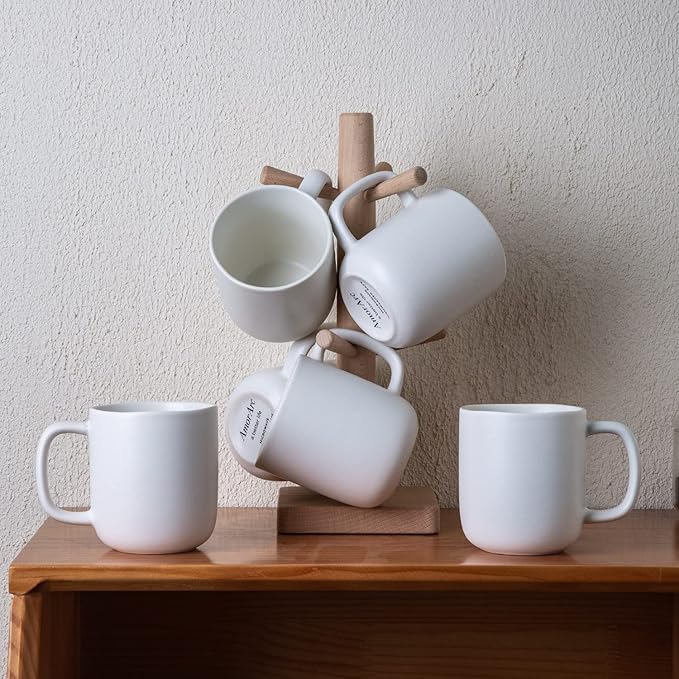 AmorArc 14oz Coffee Mugs Set of 6, Ceramic Coffee Mugs with Large Handle & Wavy Rim for Latte/Hot Cocoa/Tea, Stylish Coffee Cups for Men Women. Oven,Dishwasher&Microwave Safe, Matte White