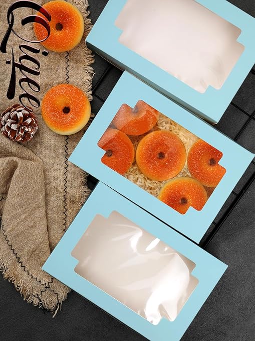 qiqee Light Blue Cookie Boxes for Gift Giving 8x5.3x2 inch 24Packs Light Blue Bakery Box with Window Treat Box for Donuts Candies and Biscuit