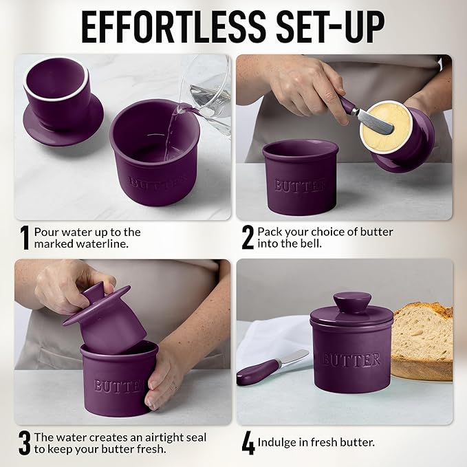 Zulay Kitchen Butter Crock With Lid & Spreader Knife for Countertop - Ceramic French Butter Dish Keeper For Fresh & Spreadable Butter - Purple