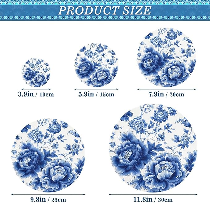 5 Pcs Bowl Covers Reusable in 5 Size Elastic Food Cover Cloth Lids Fresh Keeping Dish Cookware Bakeware Fabric Covers Lids for Food Leftovers Fruits Storage Blue and White Peony Flowers But