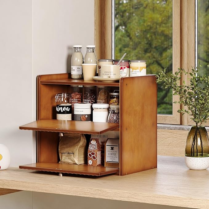 Rustic Bread Box for Kitchen Countertop Bamboo Bread Storage Container Bin Double Layer BreadBox Farmhouse Large Capacity Food Organizer (Brown)