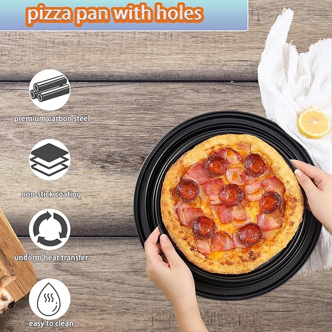 2Pcs Carbon Steel Pizza Pan With Holes 9inch 12inch non stick pizza pan for Oven Round Perforated Pizza Tray Pizza Bakeware For Home Restaurant Baking (2pcs 12inch)