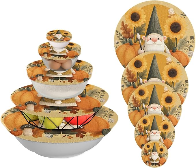 5 Pcs Bowl Covers Reusable in 5 Size Elastic Food Cover Cloth Lids Fresh Keeping Dish Cookware Bakeware Fabric Covers Lids for Food Leftovers Fruits Storage Fall Gnome Pumkin Sunflowers Tha